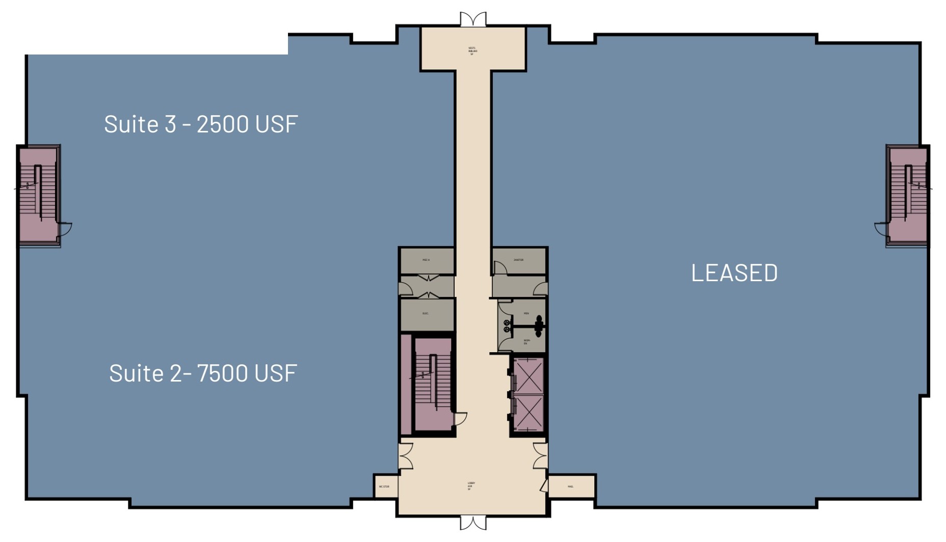 First floor plan of Coastal Wellness Center — Suite 2 (7,500 USF) and Suite 3 (2,500 USF), East Wing leased